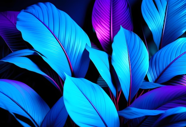 Photo intense blue and violet tropical plant glowing neon