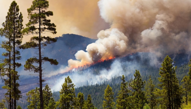 Intense bosbranden woeden door bomen en blazen rook op tegen een vurige achtergrond die de natuur symboliseert