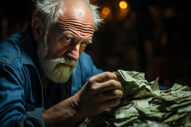 Intense close up of hand offering crumpled bills capturing moment of money scent with deep shadows