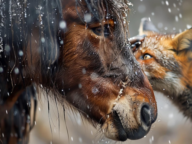 Intense close-up opname van starenwedstrijd tussen Majestic Horse en Cunning Fox in een besneeuwde omgeving