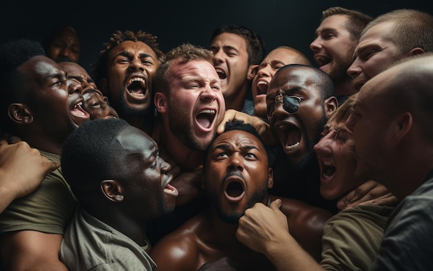 Intense close-ups van een enorm gevecht met mannen voor een publiek