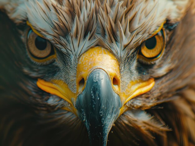 An intense closeup of a majestic eagle highlighting its sharp beak keen eyes and detailed plumage embodying the essence of a raptor39s gaze eagle closeup bird raptor beak eyes plumage