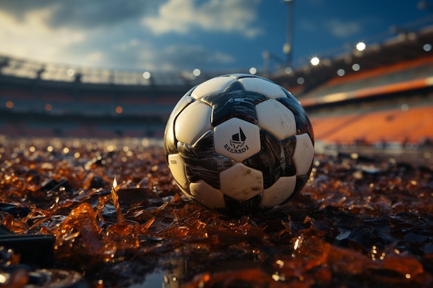 Intense closeup soccer ball meets net victory echoes through the stadium