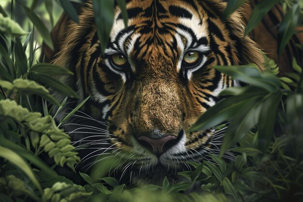 An intense closeup of a tigers piercing gaze as it generative ai