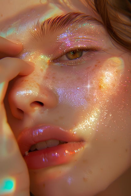 Foto intenso primo piano del viso di una giovane donna adornato da luccicanti luci dorate