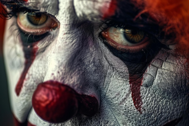 Photo intense clown face closeup with textured makeup