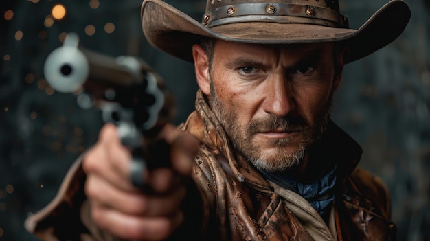 Intense Cowboy in Hat Aiming a Gun Directly at Viewer in a Western Standoff