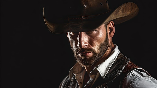 Intense cowboy portrait in a dark setting western style attire serious male model with rugged look dramatized western scene AI