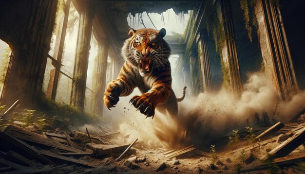 An intense digital artwork depicting a fierce tiger jumping aggressively out of a chaotic apocalyptic urban landscape