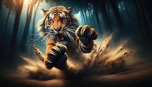 An intense digital artwork depicting a fierce tiger jumping aggressively out of a chaotic apocalyptic urban landscape