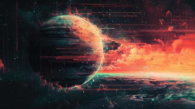 Intense digital artwork featuring a planet engulfed in flames surrounded by digital glitches and cosmic debris evoking a sense of urgency and dystopia