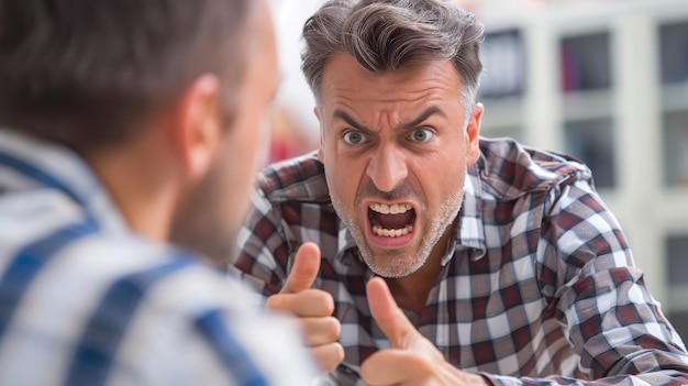 Intense discussie tussen twee mannen met een man die sterke afkeuring uitdrukt