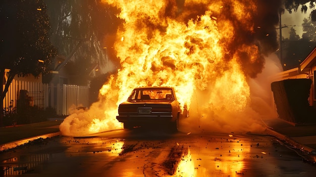 写真 郊外の通りで炎が車を焼き尽くすと激しいドラマが発生しました
