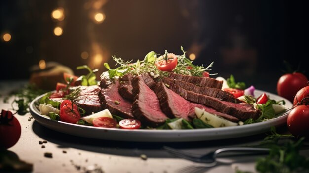 Intense And Dramatic Lighting A Stunning Plate Of Steak And Salad