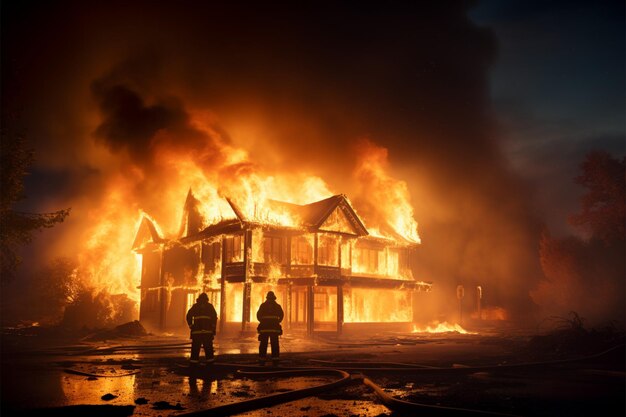 写真 炎に包まれた家を消火しようと懸命の努力