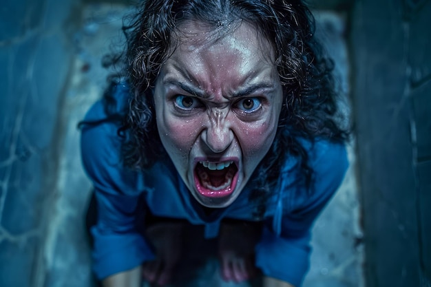 Intense Expression of Anger or Frustration by a Woman Captured from an Overhead Perspective in a