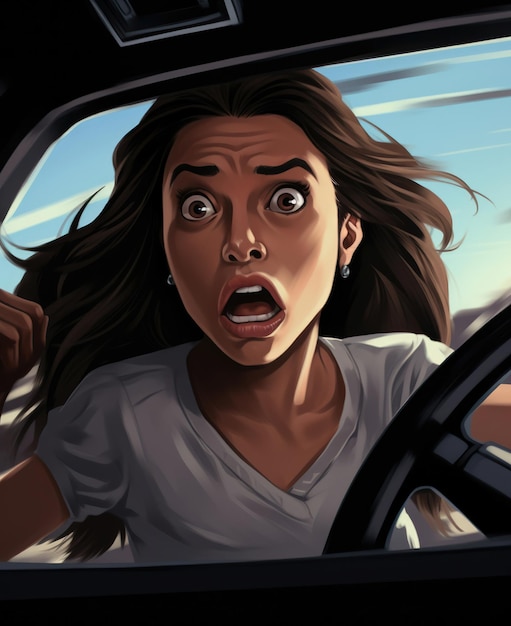 폭넓은 눈과 열린 입으로 충격을 받고 운전을 하는 여성의 강렬한 표정