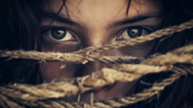 Intense eyes looking through a gap in a frayed rope conveying a sense of intrigue or suspense