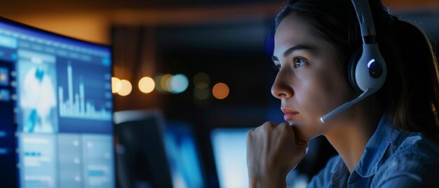 Intense female analyst concentrating on multiple monitors in dark room