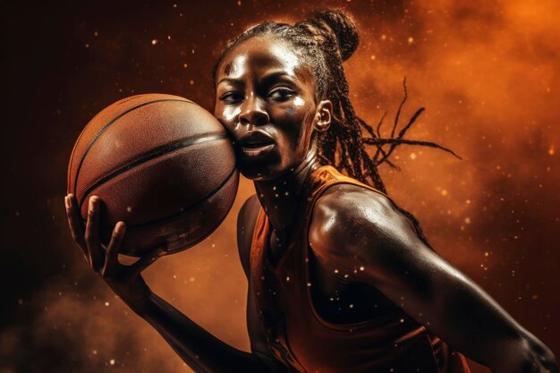 Intense female basketball player in action