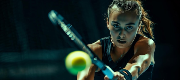 Intense female tennis player in action with focused gaze on dark background