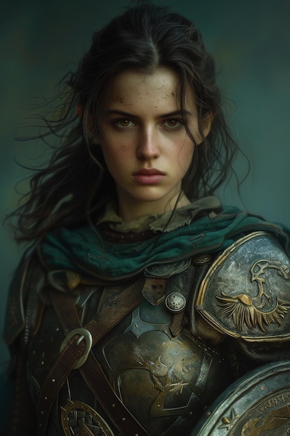 Photo intense female warrior in armor posing with a determined look