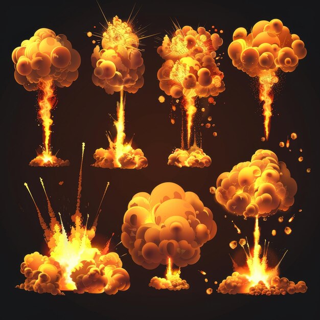 Intense fiery explosions with fire cloud 2D war icon illustration Dangerous flaming firework with heat trail