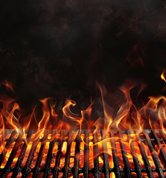 Photo intense flames and billowing smoke rise from a grill cooking food on charcoal