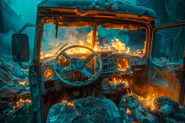 Photo intense flames engulfing abandoned vehicles interior in a mysterious fiery scene at night