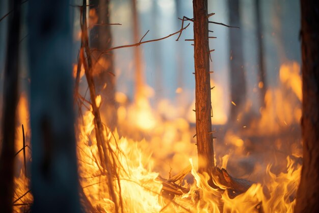 Foto intense fiamme che inghiottono una fitta zona forestale