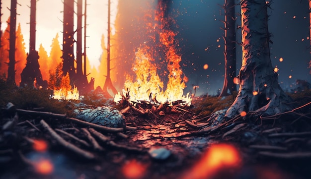 Интенсивное пламя от массивного лесного пожара Flames Generative AI
