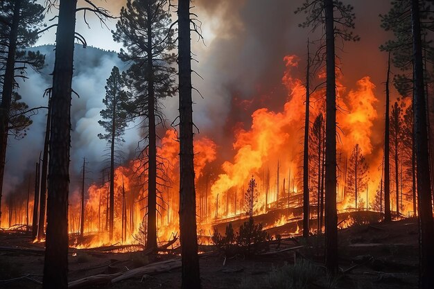 Foto le fiamme intense di un massiccio incendio forestale illuminano la notte mentre infuriano attraverso le foreste di pini e i cespugli di salvia.