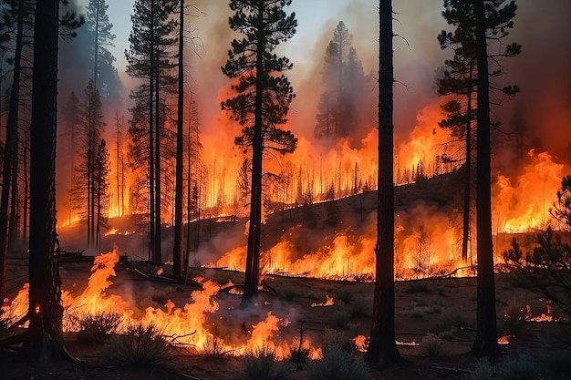 Intense flames from a massive forest fire Flames light up the night as they rage thru pine forests and sage brush