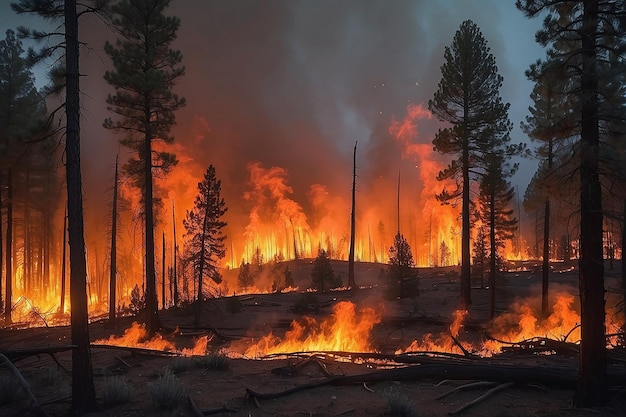 Intense flames from a massive forest fire Flames light up the night as they rage thru pine forests and sage brush