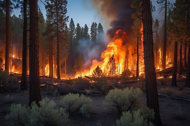 Intense flames from a massive forest fire Flames light up the night as they rage thru pine forests and sage brush