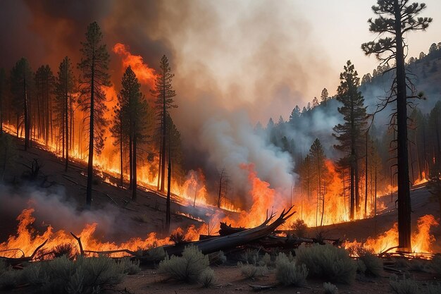 Интенсивные пламя от массивного лесного пожара Пламя освещает ночь, когда оно бушует в сосновых лесах и сальвиях.