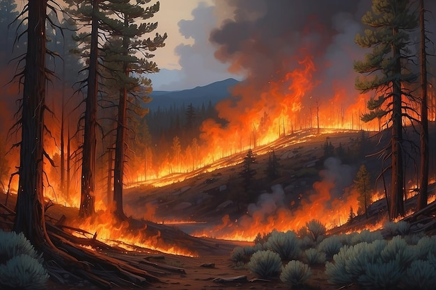 巨大な森林火災の強烈な炎は松の森とサージの茂みを通って激しく燃えるように夜を照らします