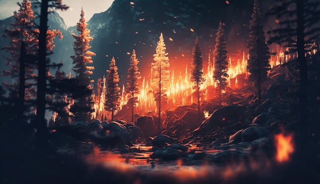 Сильное пламя от массивного лесного пожара Пламя освещает ночь Генеративный ИИ