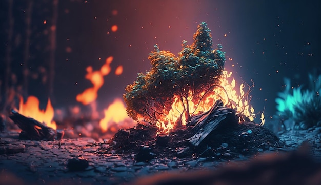 Intense flames from a massive forest fire Flames light up the night Generative AI