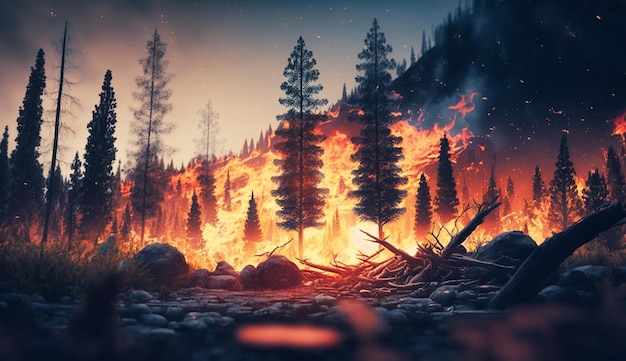 Intense flames from a massive forest fire Flames light up the night Generative AI