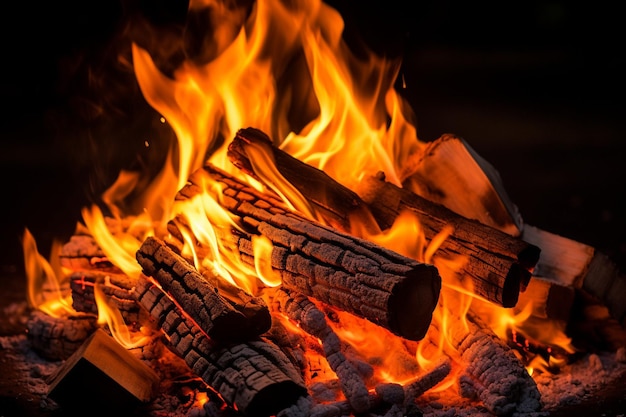 Intense flames of a night bonfire orange and yellow firewood glowing warm energy and barbecue
