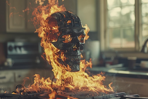 Intense Flaming Skull Engulfed in Fire op een Dark Mystic Background Conceptuele Horror en Fantasy