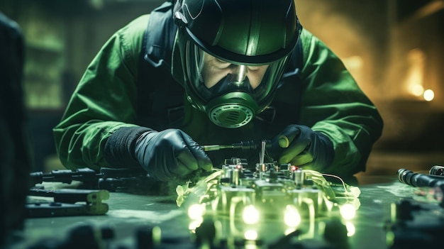Photo intense focus of a bomb disposal expert in light green and black