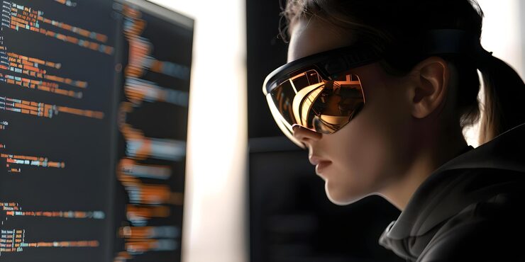 Photo intense focus of coder wearing goggles reflecting monitor while developing software and testing security concept coding in goggles software development security testing intense focus