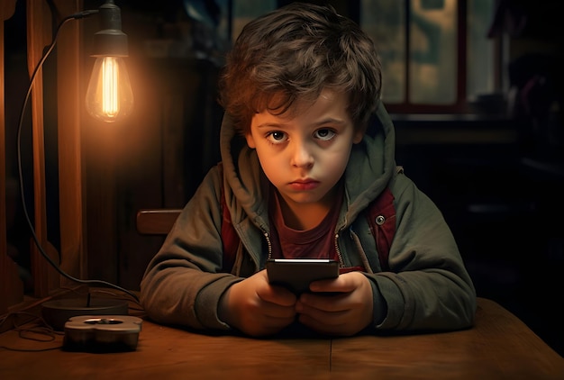 Intense focus jonge jongen met smartphone onder vintage gloeilamp