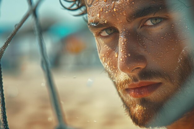 Intense Focus of Beach Volleyball Player CloseUp Een gedetailleerde close-up van het gezicht van een beach volleybalspeler39 die hun intense concentratie tijdens het spel benadrukt