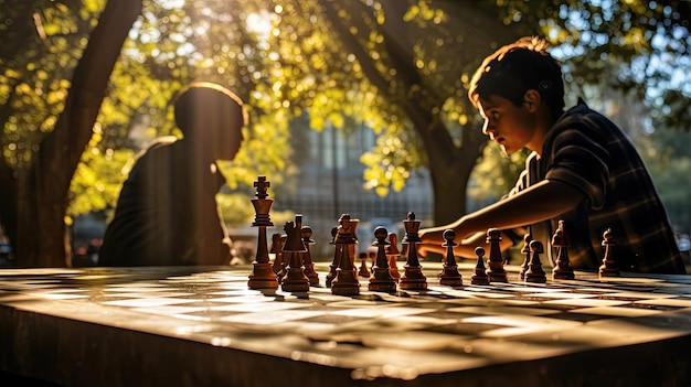 Intense game of chess in a sunlit park