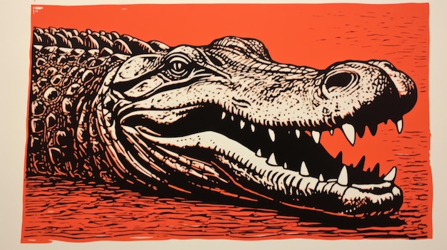 Intense Gaze Alligator Woodcut Print On Orange Background