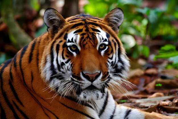 Intense gaze of Bengal tiger captivates amidst forest scenery