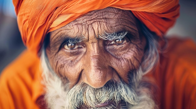 Foto lo sguardo intenso di un anziano indiano con un tradizionale turbante arancione